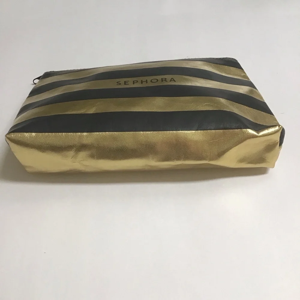 Sephora Makeup Bag Black Gold Stripe Cosmetic Pouch Beauty Organizer Travel 5x8